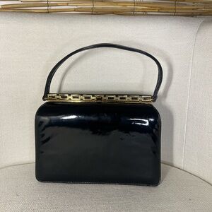 Vintage Nicholas Reich Black Patent Leather Top-Handle Bag with Gold-Tone Accent